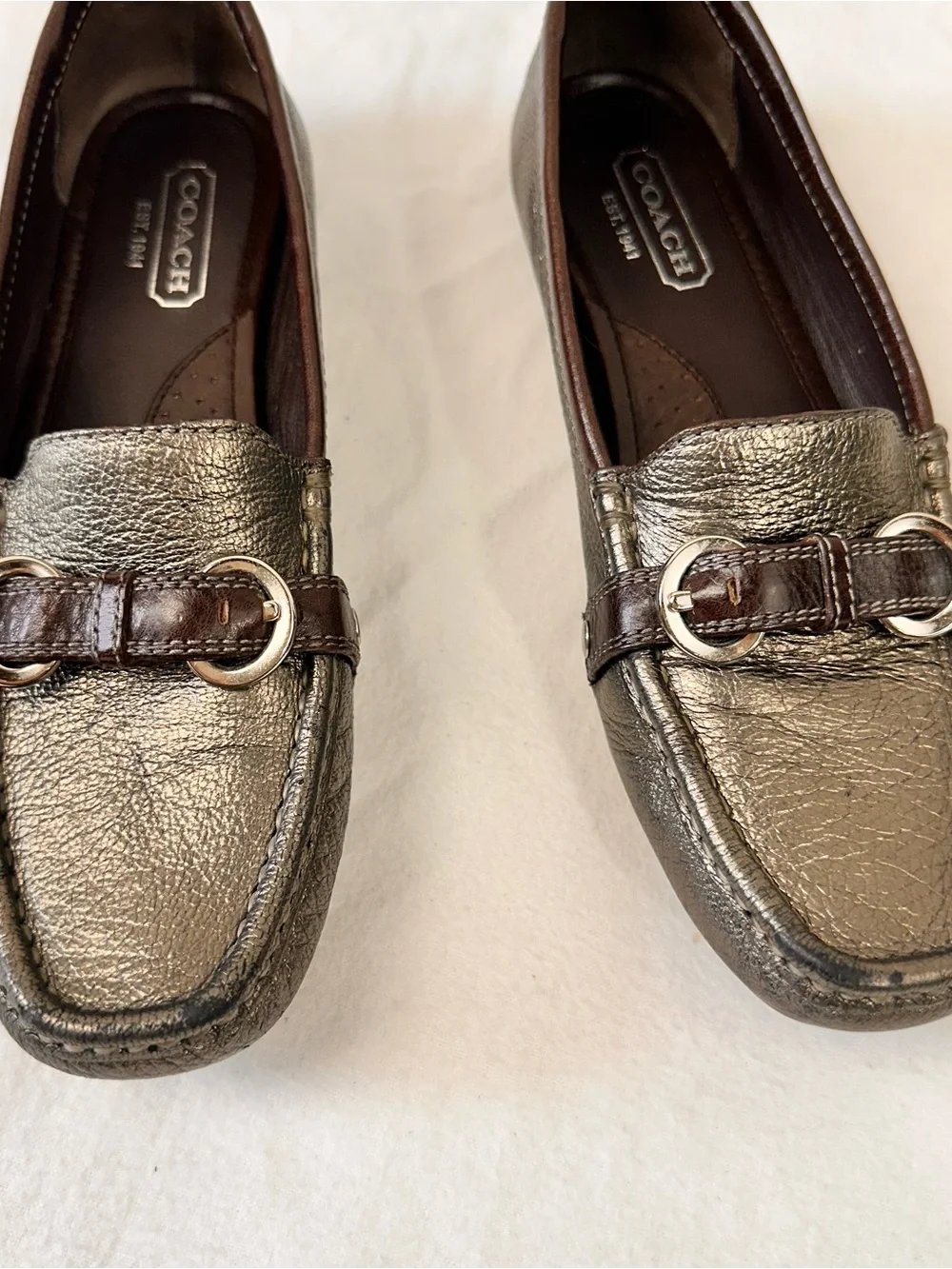 Coach Metallic Gray Leather Bit Loafers - Women's